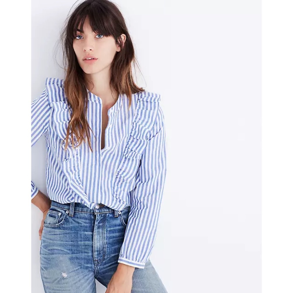 MADEWELL STRIPED RUFFLE FRONT BLOUSE BLUE WHITE